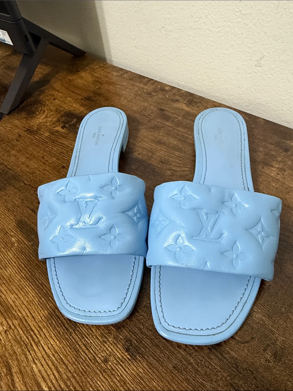 Louis Vuitton Light Blue Embossed Monogram Slide Mules